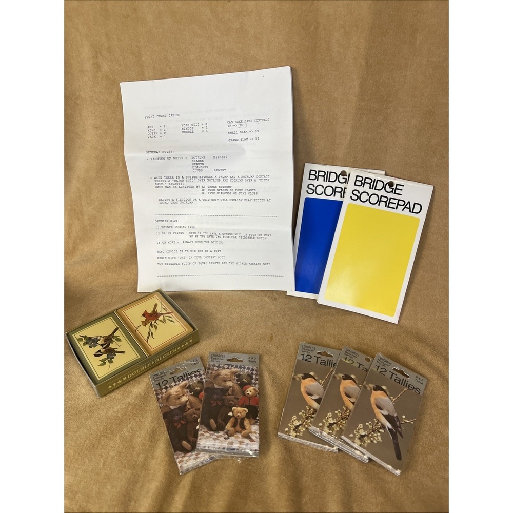 Bridge Card Game Lot, 5 Tally Sets, 2 Scorecard Pads, 2 Card Deck, Instructions
